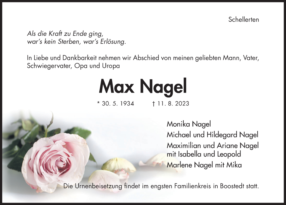  Traueranzeige für Max Nagel vom 15.08.2023 aus Hildesheimer Allgemeine Zeitung