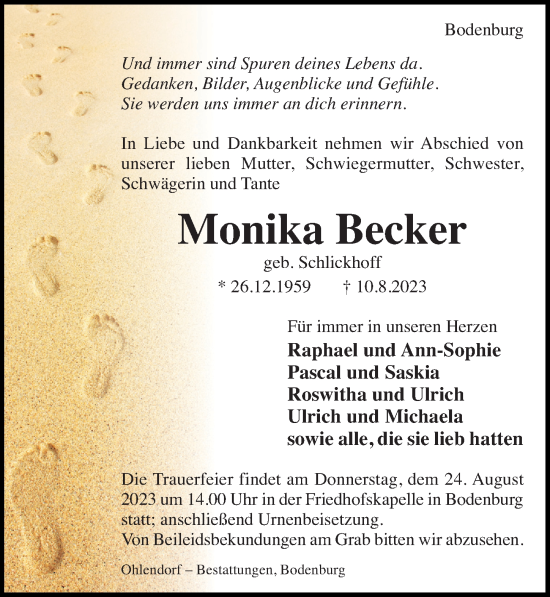 Traueranzeige von Monika Becker von Hildesheimer Allgemeine Zeitung