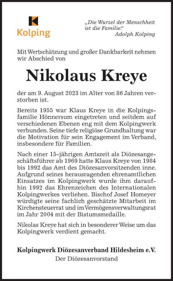 Traueranzeige von Nikolaus Kreye von Hildesheimer Allgemeine Zeitung