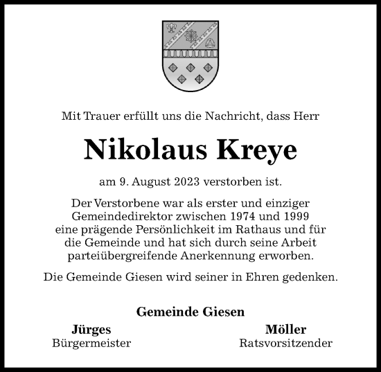 Traueranzeige von Nikolaus Kreye von Hildesheimer Allgemeine Zeitung