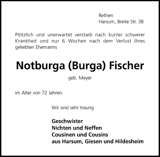 Traueranzeige von Notburga Fischer von Hildesheimer Allgemeine Zeitung