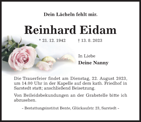 Traueranzeige von Reinhard Eidam von Hildesheimer Allgemeine Zeitung