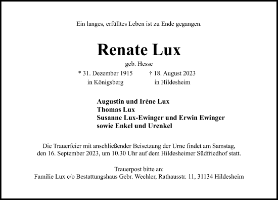 Traueranzeige von Renate Lux von Hildesheimer Allgemeine Zeitung