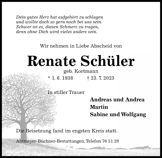 Traueranzeige von Renate Schüler von Hildesheimer Allgemeine Zeitung