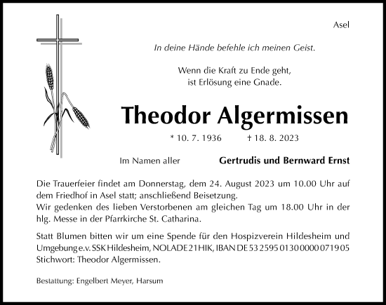 Traueranzeige von Theodor Algermissen von Hildesheimer Allgemeine Zeitung