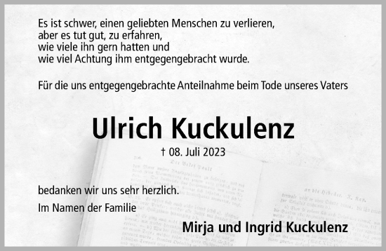 Traueranzeige von Ulrich Kuckulenz von Hildesheimer Allgemeine Zeitung