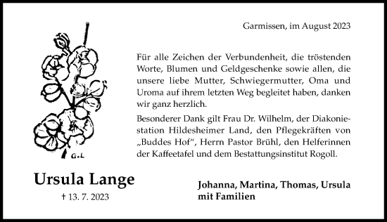 Traueranzeige von Ursula Lange von Hildesheimer Allgemeine Zeitung