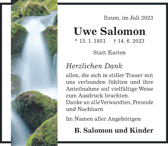 Traueranzeige von Uwe Salomon von Hildesheimer Allgemeine Zeitung