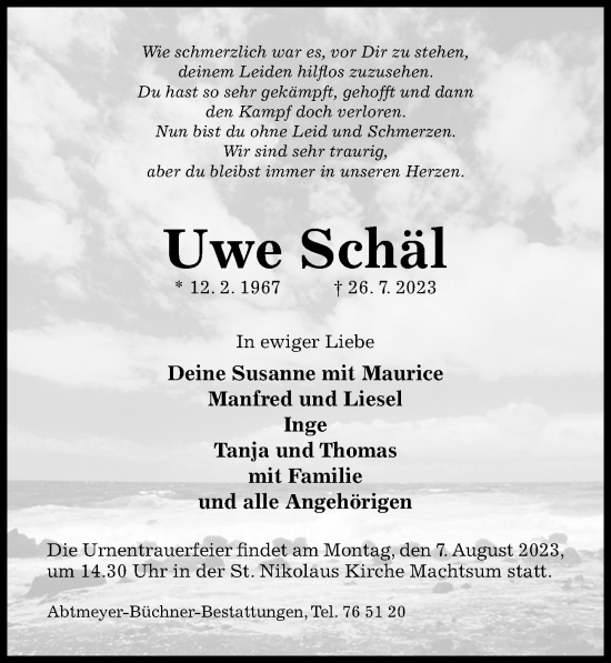 Traueranzeige von Uwe Schäl von Hildesheimer Allgemeine Zeitung