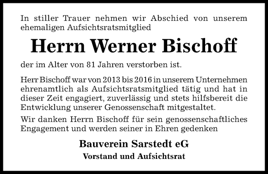 Traueranzeige von Werner Bischoff von Hildesheimer Allgemeine Zeitung