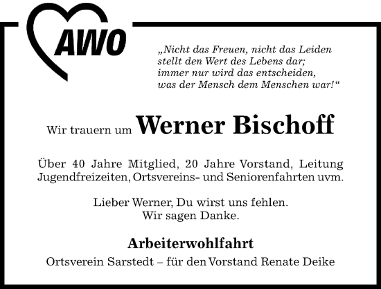 Traueranzeige von Werner Bischoff von Hildesheimer Allgemeine Zeitung