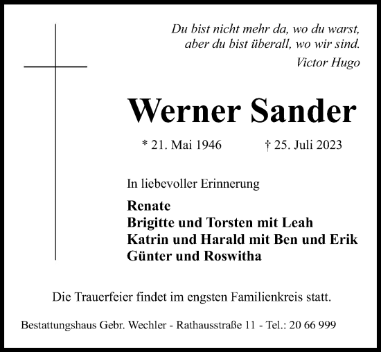 Traueranzeige von Werner Sander von Hildesheimer Allgemeine Zeitung