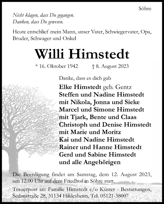 Traueranzeige von Willi Himstedt von Hildesheimer Allgemeine Zeitung