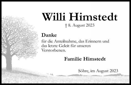 Traueranzeige von Willi Himstedt von Hildesheimer Allgemeine Zeitung