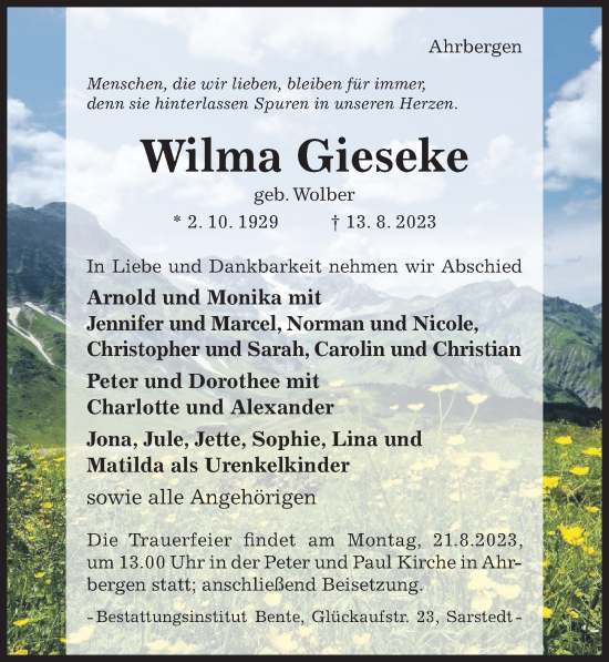 Traueranzeige von Wilma Gieseke von Hildesheimer Allgemeine Zeitung