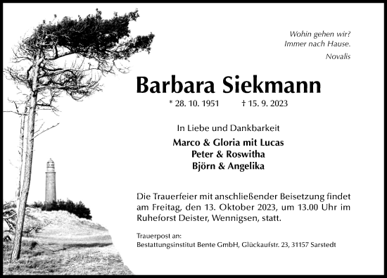 Traueranzeige von Barbara Siekmann von Hildesheimer Allgemeine Zeitung