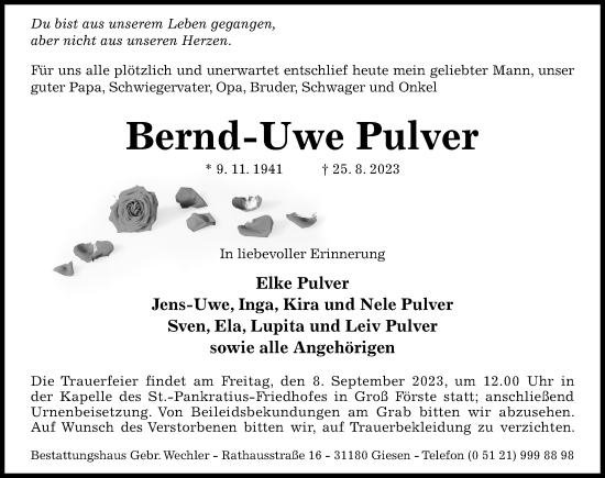 Traueranzeige von Bernd-Uwe Pulver von Hildesheimer Allgemeine Zeitung