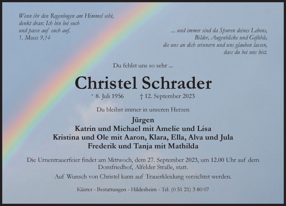  Traueranzeige für Christel Schrader vom 16.09.2023 aus Hildesheimer Allgemeine Zeitung
