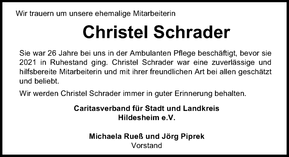  Traueranzeige für Christel Schrader vom 30.09.2023 aus Hildesheimer Allgemeine Zeitung