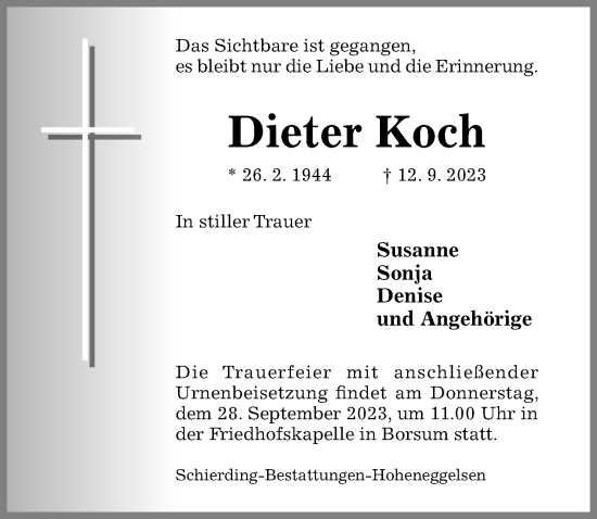 Traueranzeige von Dieter Koch von Hildesheimer Allgemeine Zeitung