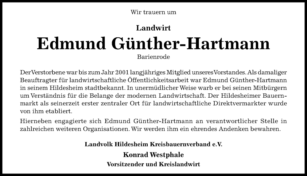  Traueranzeige für Edmund Günther-Hartmann vom 09.09.2023 aus Hildesheimer Allgemeine Zeitung