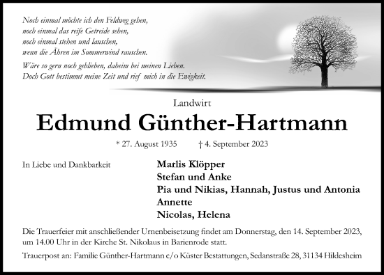 Traueranzeige von Edmund Günther-Hartmann von Hildesheimer Allgemeine Zeitung