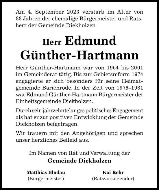 Traueranzeige von Edmund Günther-Hartmann von Hildesheimer Allgemeine Zeitung