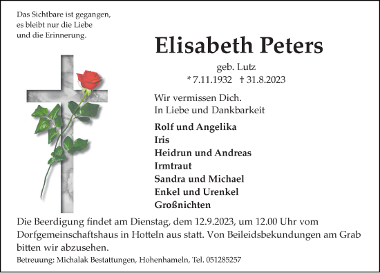 Traueranzeige von Elisabeth Peters von Hildesheimer Allgemeine Zeitung