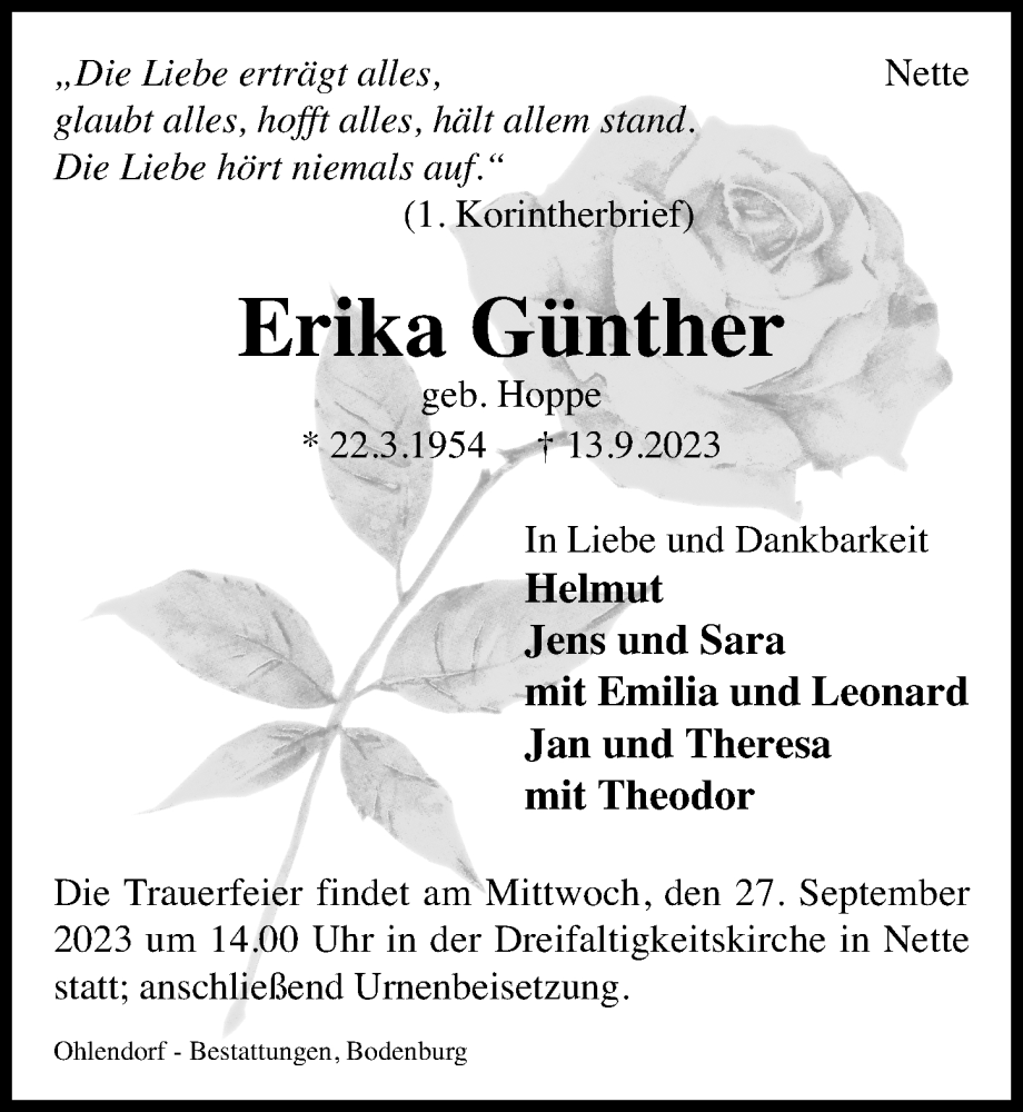 Traueranzeige für Erika Günther vom 16.09.2023 aus Hildesheimer Allgemeine Zeitung