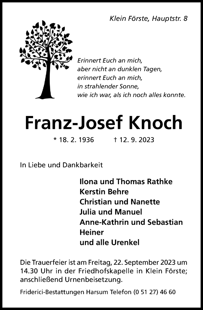  Traueranzeige für Franz-Josef Knoch vom 16.09.2023 aus Hildesheimer Allgemeine Zeitung