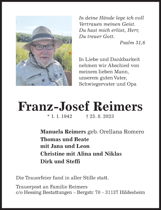 Traueranzeige von Franz-Josef Reimers von Hildesheimer Allgemeine Zeitung