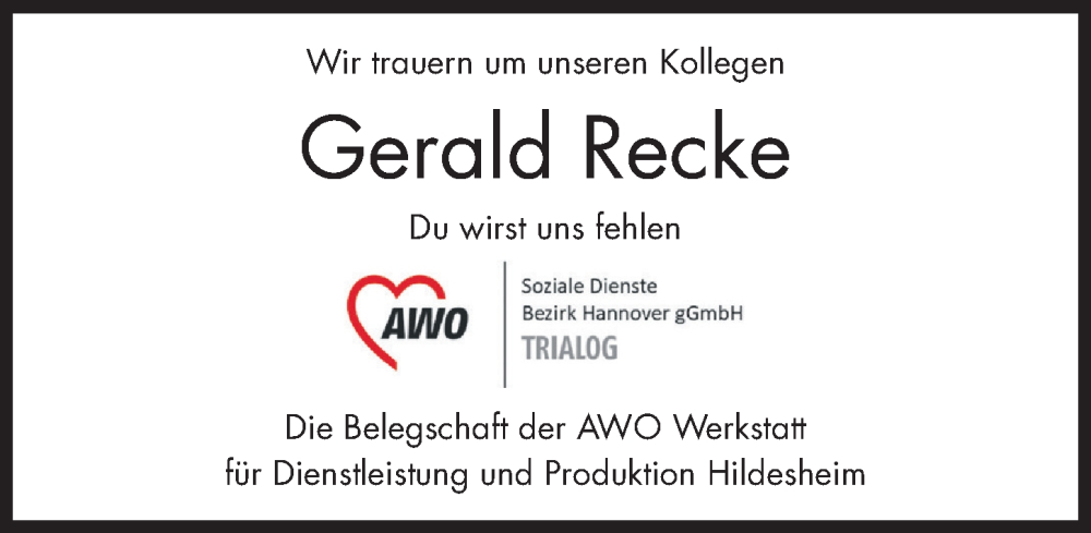  Traueranzeige für Gerald Recke vom 09.09.2023 aus Hildesheimer Allgemeine Zeitung