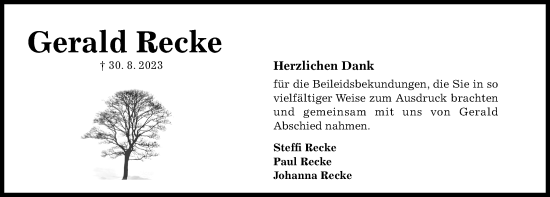 Traueranzeige von Gerald Recke von Hildesheimer Allgemeine Zeitung