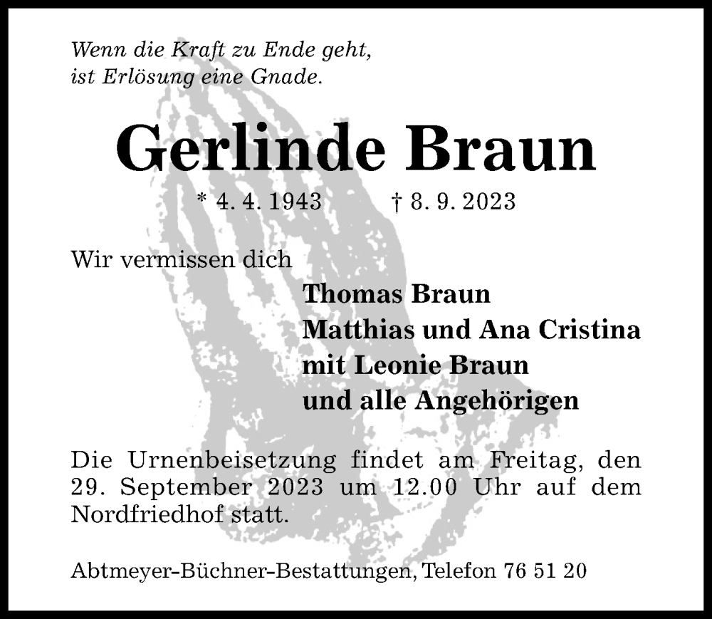 Traueranzeigen von Gerlinde Braun | Trauerportal Hildesheimer Allgemeine  Zeitung