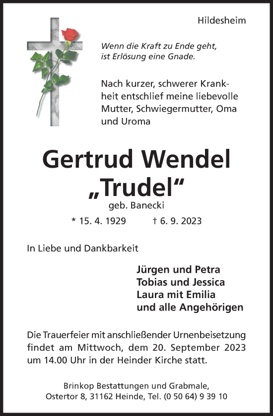 Traueranzeige von Gertrud Wendel von Hildesheimer Allgemeine Zeitung