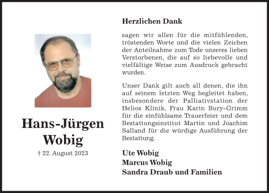 Traueranzeige von Hans-Jürgen Wobig von Hildesheimer Allgemeine Zeitung