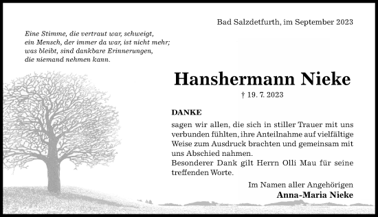 Traueranzeige von Hanshermann Nieke von Hildesheimer Allgemeine Zeitung