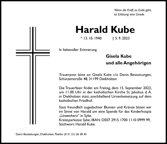 Traueranzeige von Harald Kube von Hildesheimer Allgemeine Zeitung