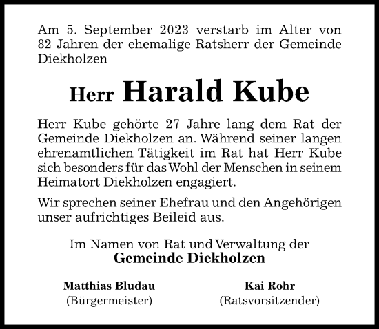 Traueranzeige von Harald Kube von Hildesheimer Allgemeine Zeitung