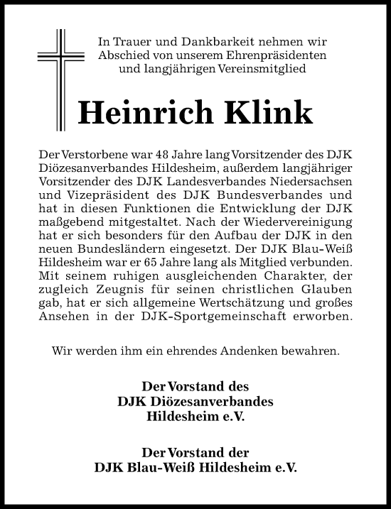 Traueranzeige von Heinrich Klink von Hildesheimer Allgemeine Zeitung