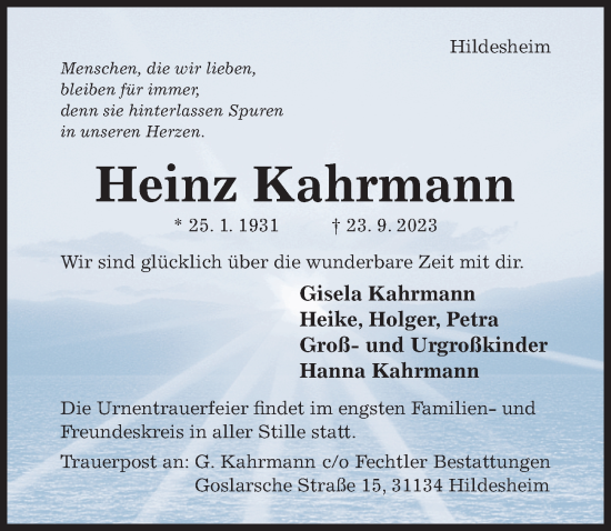 Traueranzeige von Heinz Kahrmann von Hildesheimer Allgemeine Zeitung