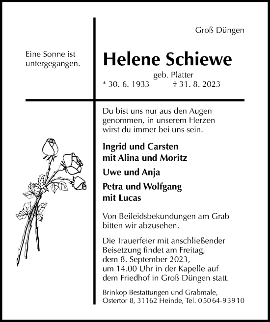 Traueranzeige von Helene Schiewe von Hildesheimer Allgemeine Zeitung