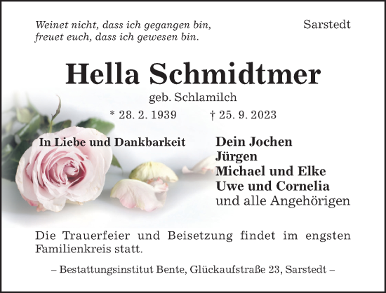 Traueranzeige von Hella Schmidtmer von Hildesheimer Allgemeine Zeitung