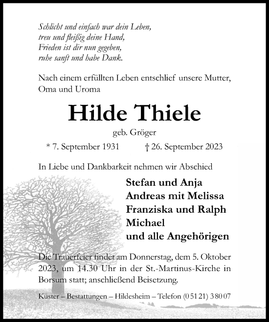 Traueranzeige von Hilde Thiele von Hildesheimer Allgemeine Zeitung