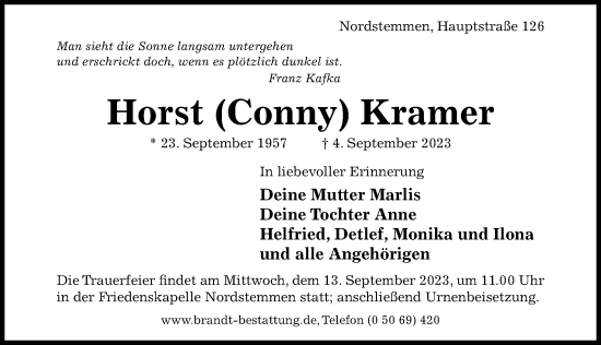 Traueranzeige von Horst Kramer von Hildesheimer Allgemeine Zeitung