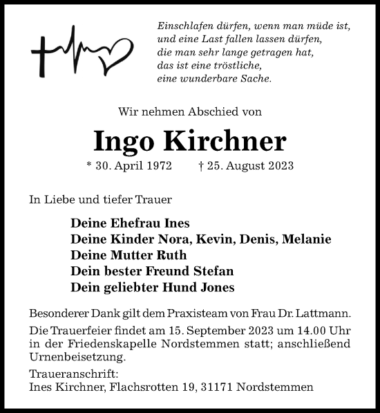 Traueranzeige von Ingo Kirchner von Hildesheimer Allgemeine Zeitung