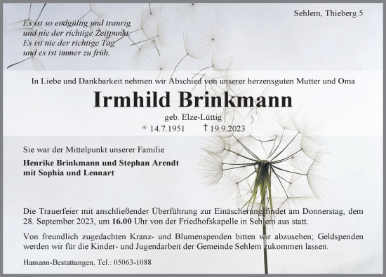 Traueranzeige von Irmhild Brinkmann von Hildesheimer Allgemeine Zeitung