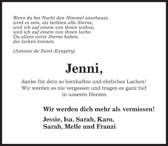 Traueranzeige von Jenni  von Hildesheimer Allgemeine Zeitung