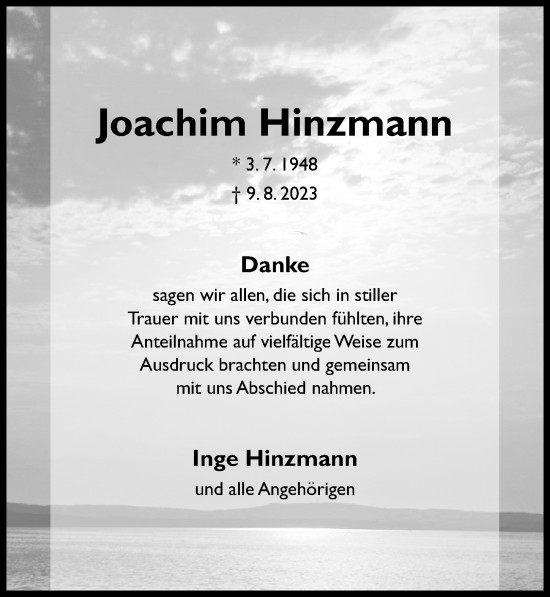 Traueranzeige von Joachim Hinzmann von Hildesheimer Allgemeine Zeitung