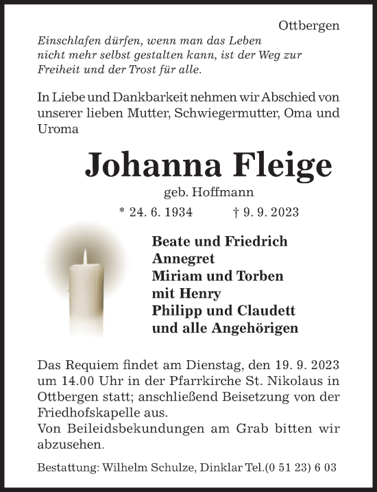 Traueranzeige von Johanna Fleige von Hildesheimer Allgemeine Zeitung